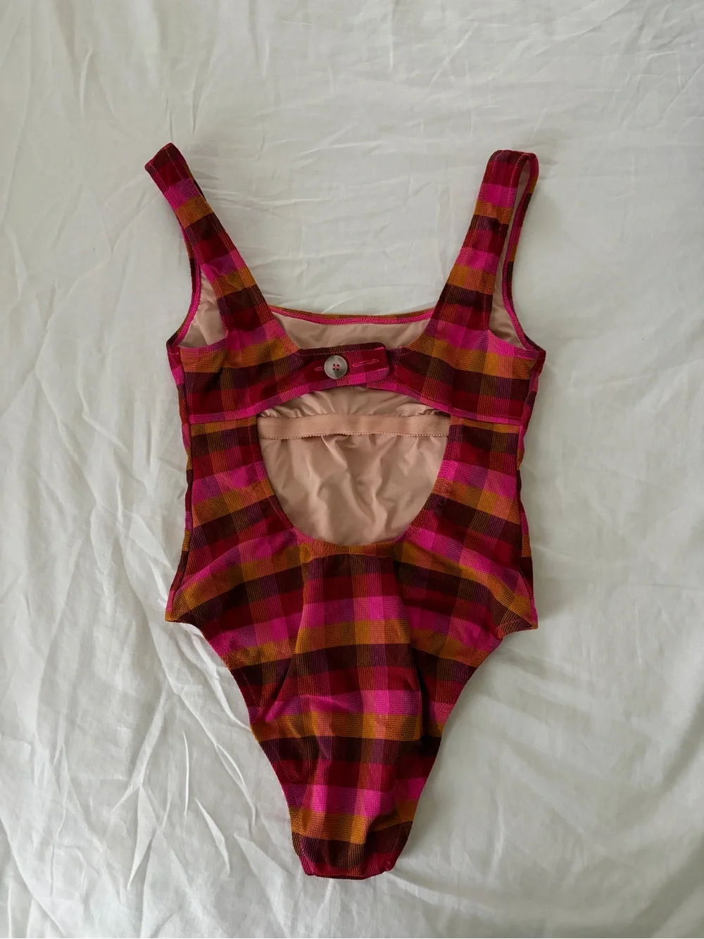 Madewell Plaid One-Piece Swimsuit in Pink and Brown